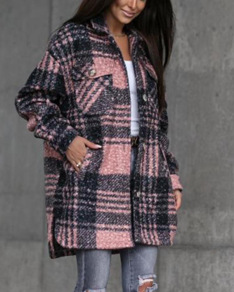 Plaid Print Button Front Belted Split Hem Pocket Detail Coat-yoyobikini