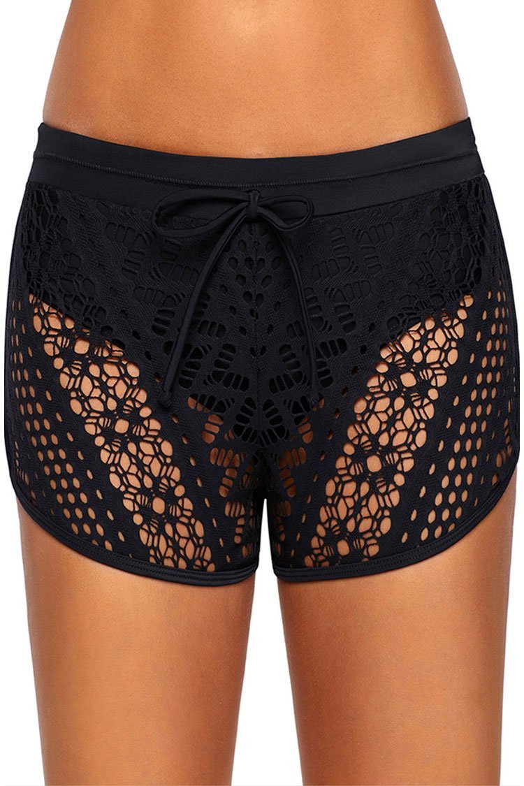 Tied Front Hollow Out Lace Overlay Boyshort Bikini Bottom-yoyobikini