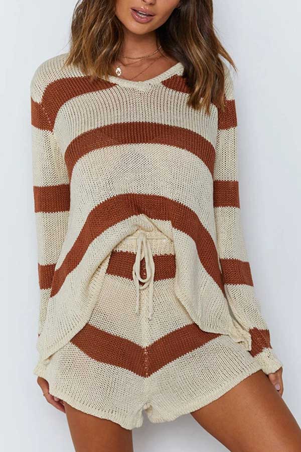 Striped Long Sleeve V Neck Top Drawstring Shorts Leisure Suit-yoyobikini
