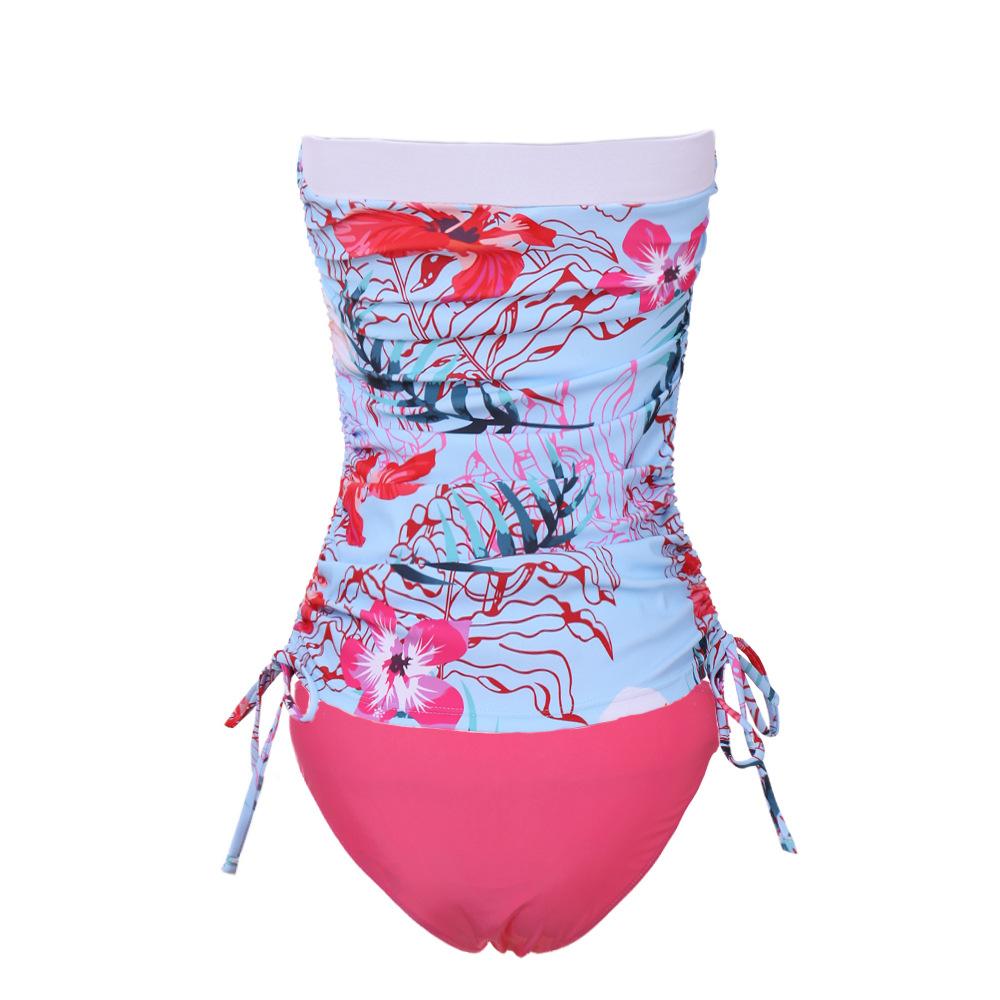 Floral & Red Strapless Wide Top Band Bandeau Two Piece Tankini Swimsuit-yoyobikini
