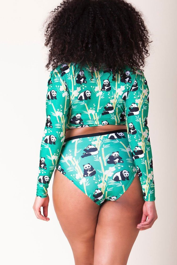 Plus Size Panda High Waist Sleeved Crop Bikini Swimsuit - Two Piece Set-yoyobikini