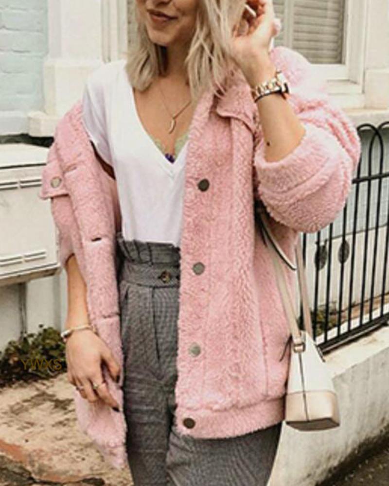 Faux Fur Flap Pocket Button Up Coat-yoyobikini