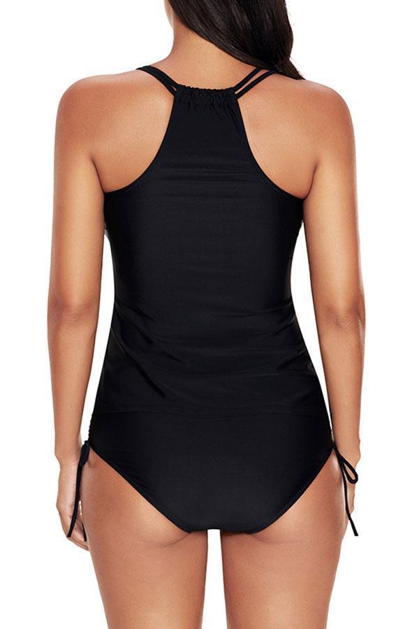 Drawstring Side Solid Black Tankini Set-yoyobikini