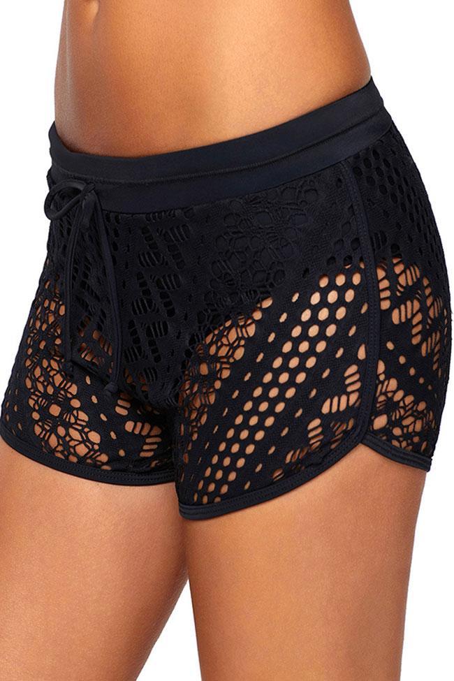 Tied Front Hollow Out Lace Overlay Boyshort Bikini Bottom-yoyobikini