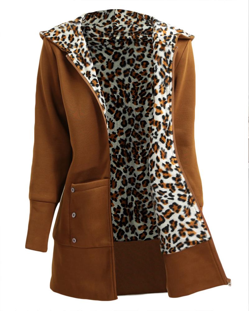 Leopard Print Dual Pocket Reversible Hooded Coat