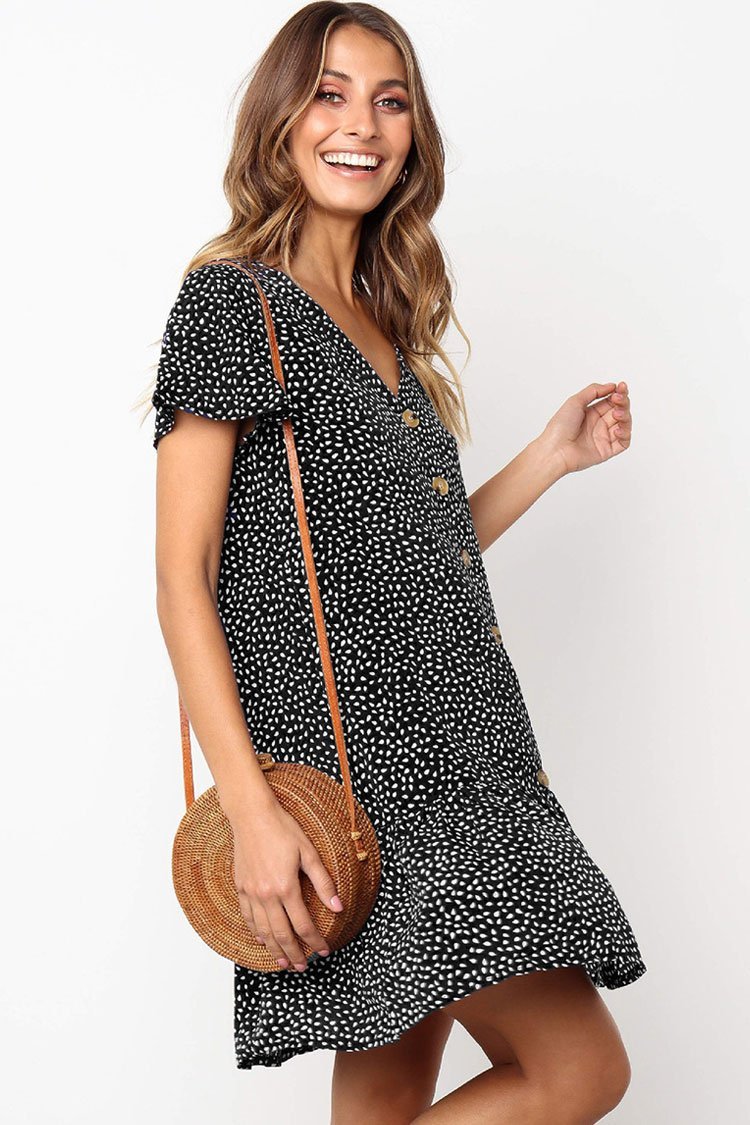 Contrast Print Ruffle Trim Sleeved Beach Mini Dress-yoyobikini