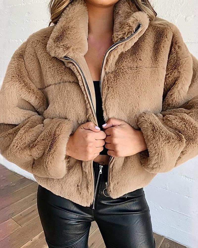Solid Zip Up Collar Teddy Jacket-yoyobikini