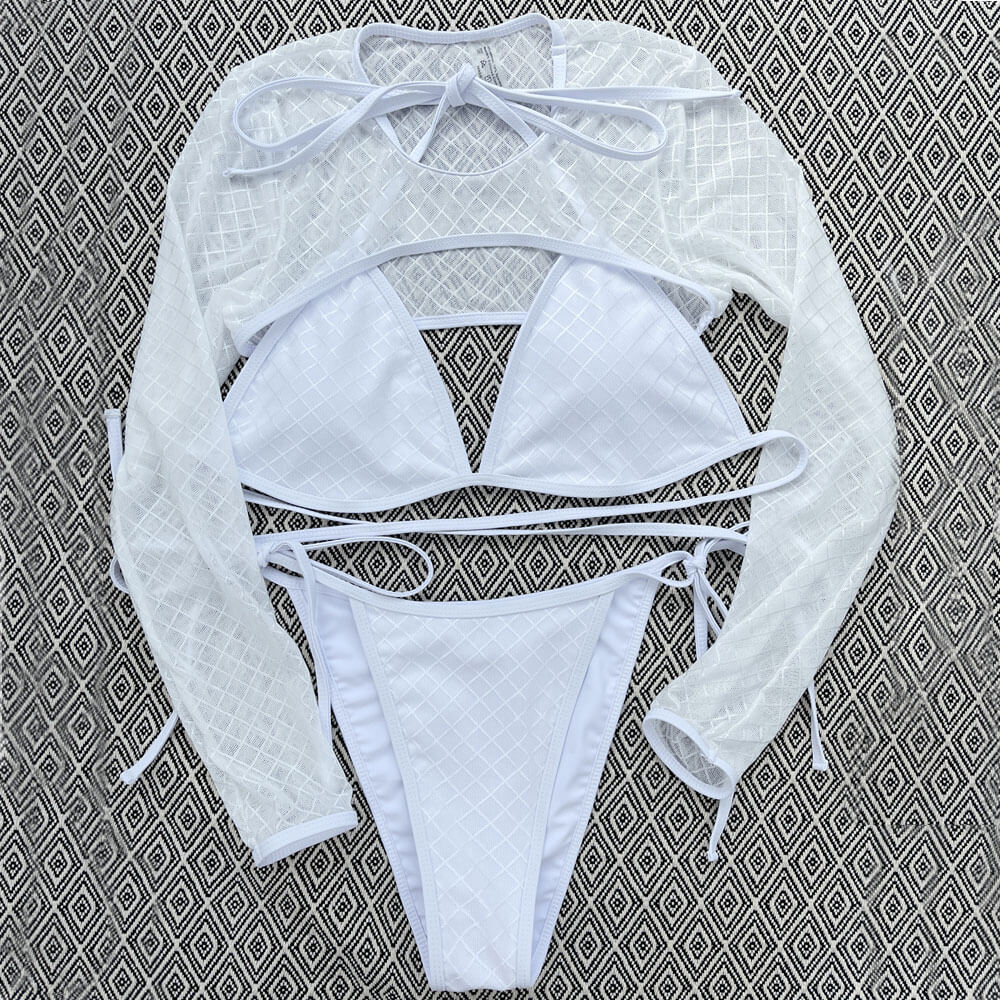 Chic Diamond Pattern String Halter Triangle Brazilian Three Piece Bikini Swimsuit-yoyobikini