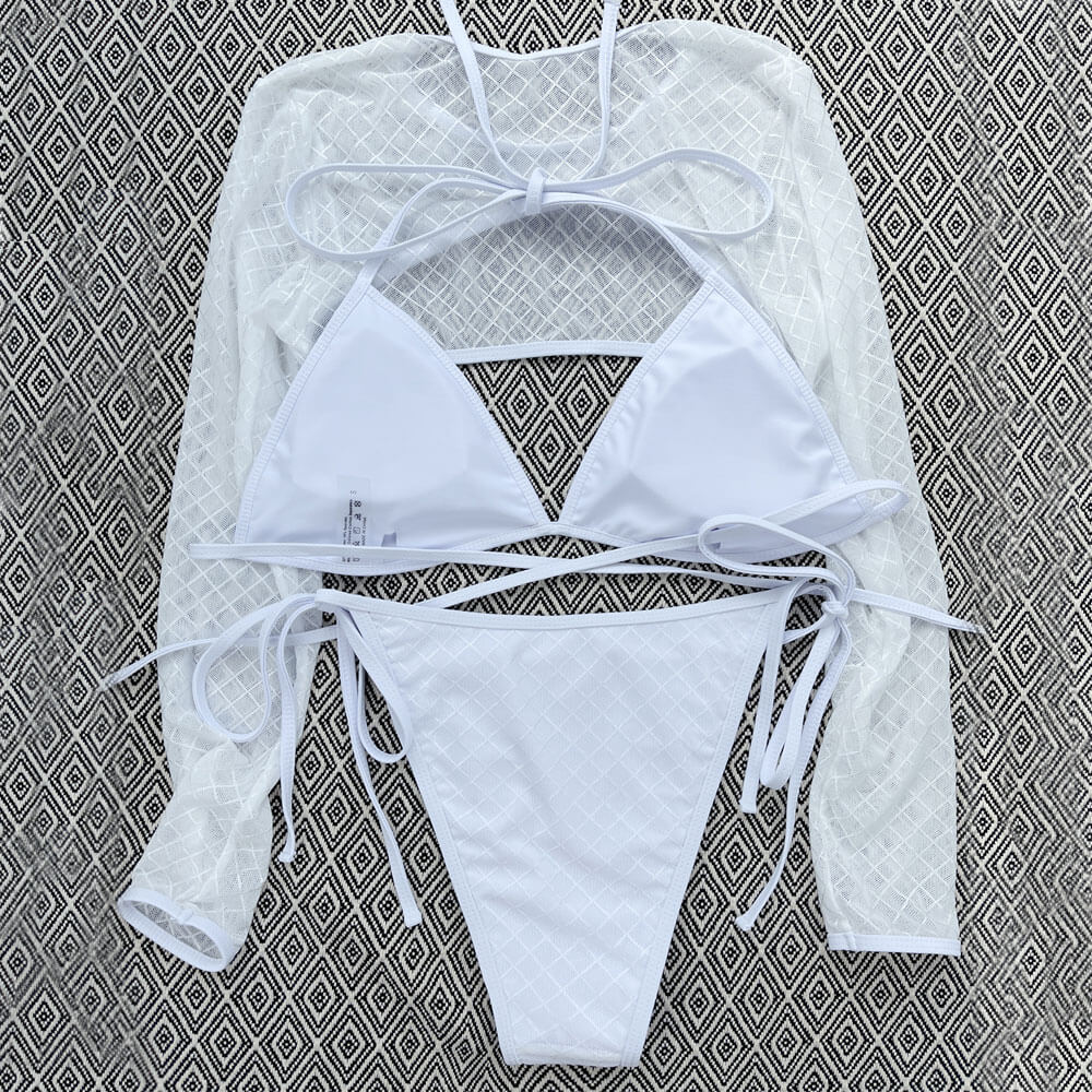 Chic Diamond Pattern String Halter Triangle Brazilian Three Piece Bikini Swimsuit-yoyobikini