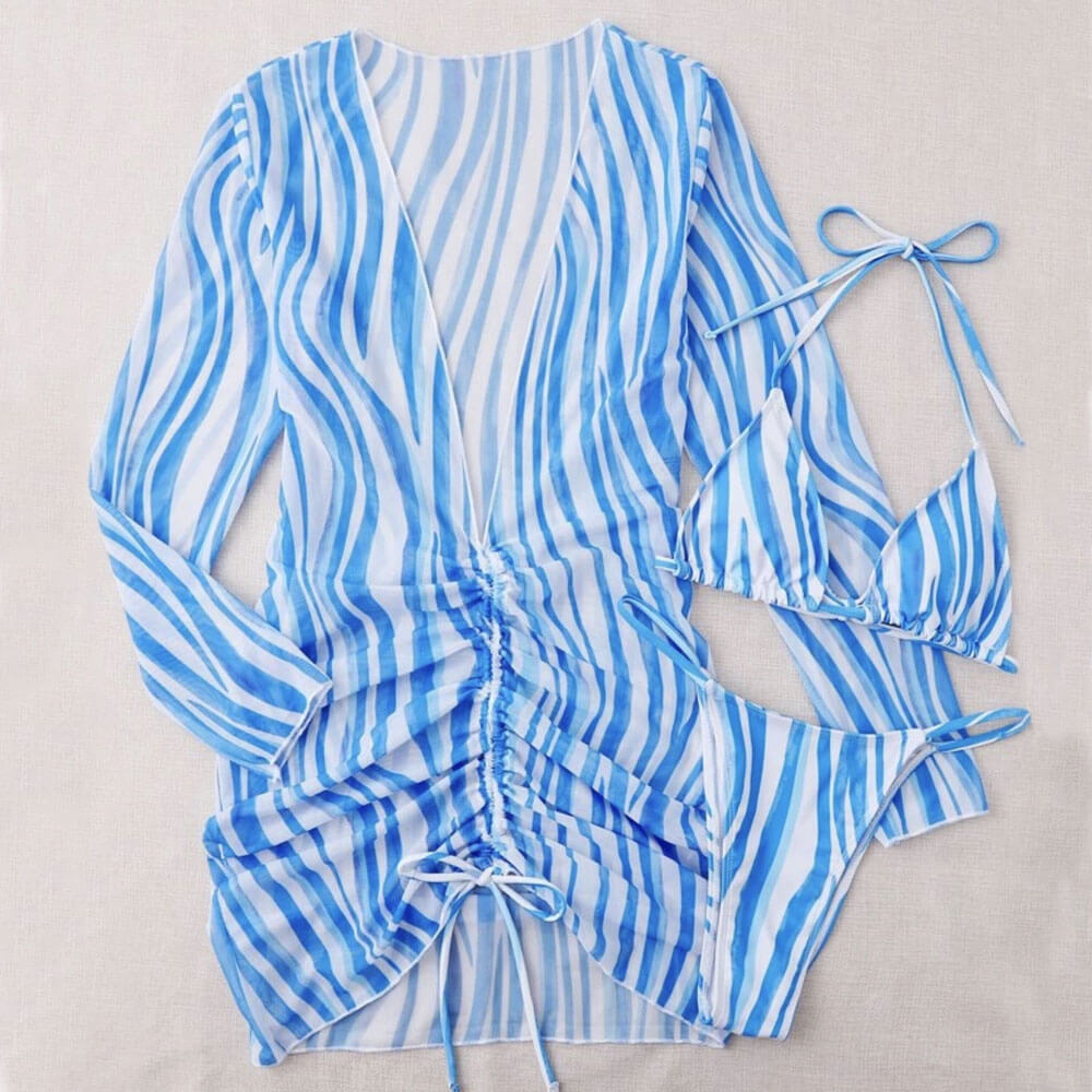 Chic Striped String Slide Triangle Brazilian Three Piece Bikini Swimsuit-yoyobikini