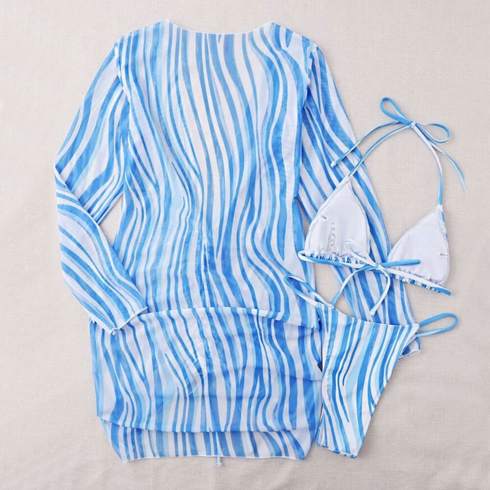 Chic Striped String Slide Triangle Brazilian Three Piece Bikini Swimsuit-yoyobikini