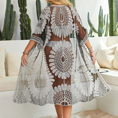 Chic Sun Floral Tie Front Sleeved Brazilian Sheer Lace Midi Beach Cover Up
