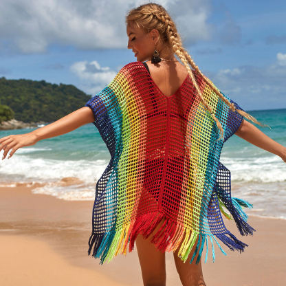 Color Block Fringe Deep V Crochet Knit Brazilian Mini Beach Cover Up