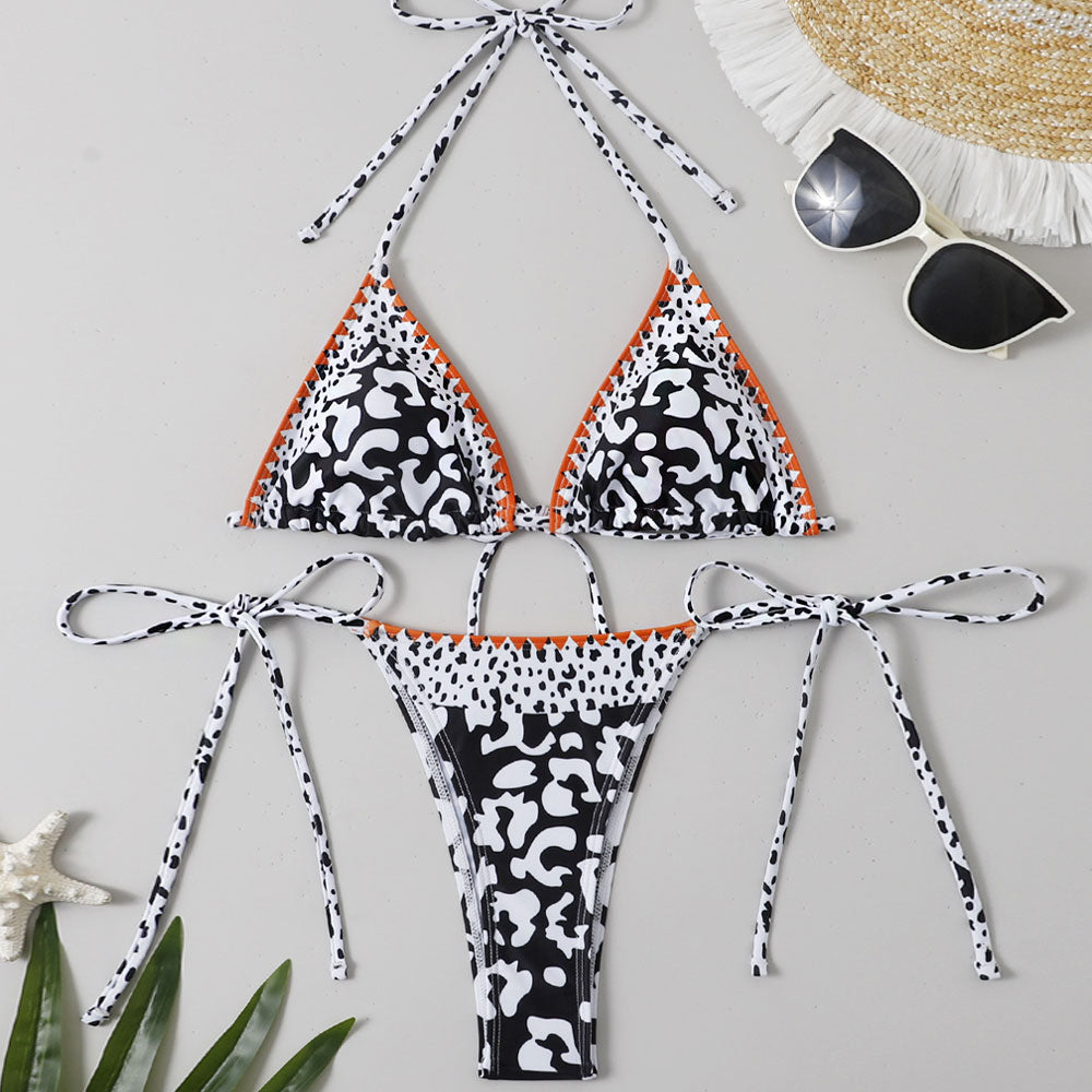 Contrast Leopard Print String Slide Triangle Brazilian Two Piece Bikini Swimsuit-yoyobikini