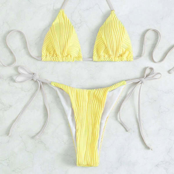 Contrast Textured Tie String Slide Triangle Brazilian Two Piece Bikini ...