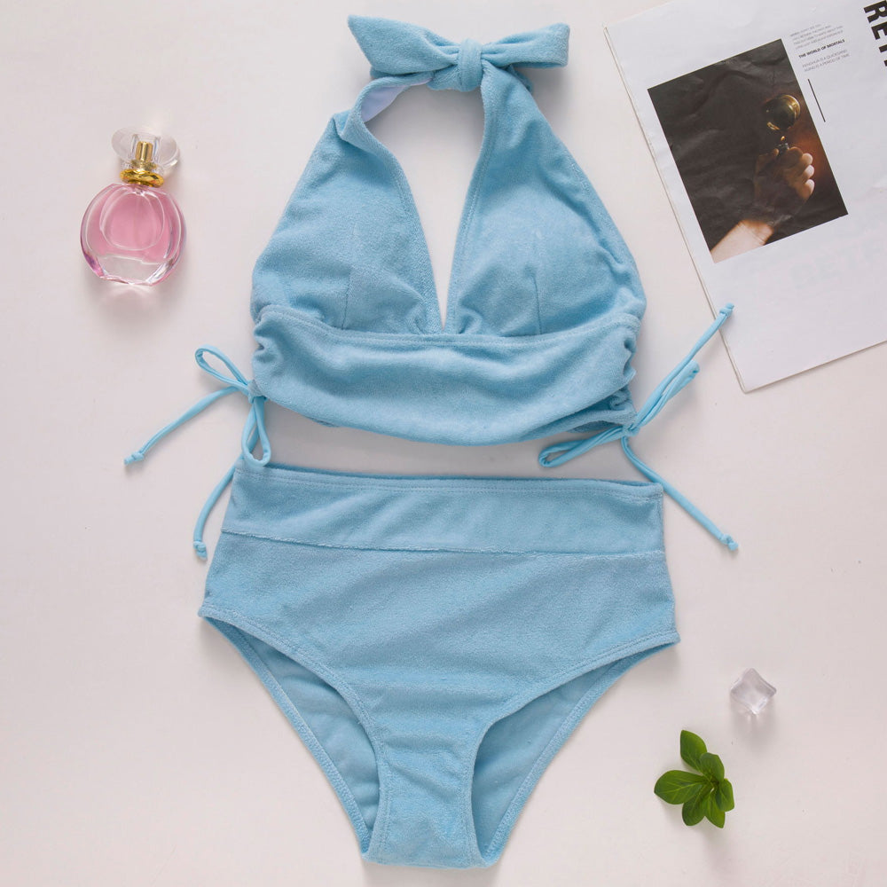 Cute Drawstring Tie Ruched Terry Halter Brazilian Two Piece Bikini Swimsuit-yoyobikini
