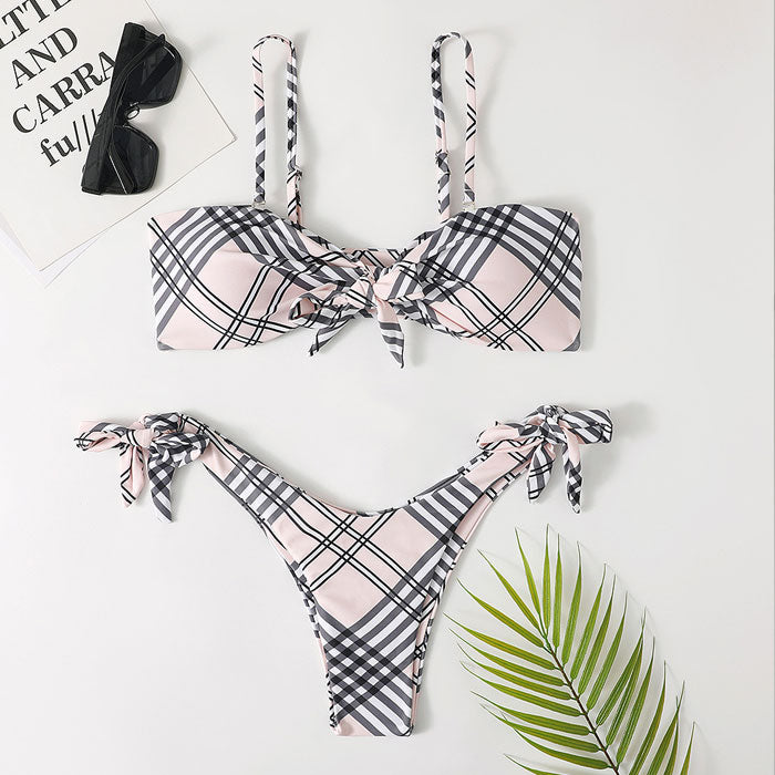Cute Plaid Print Tie Front Bralette Brazilian Two Piece Bikini Swimsuit-yoyobikini