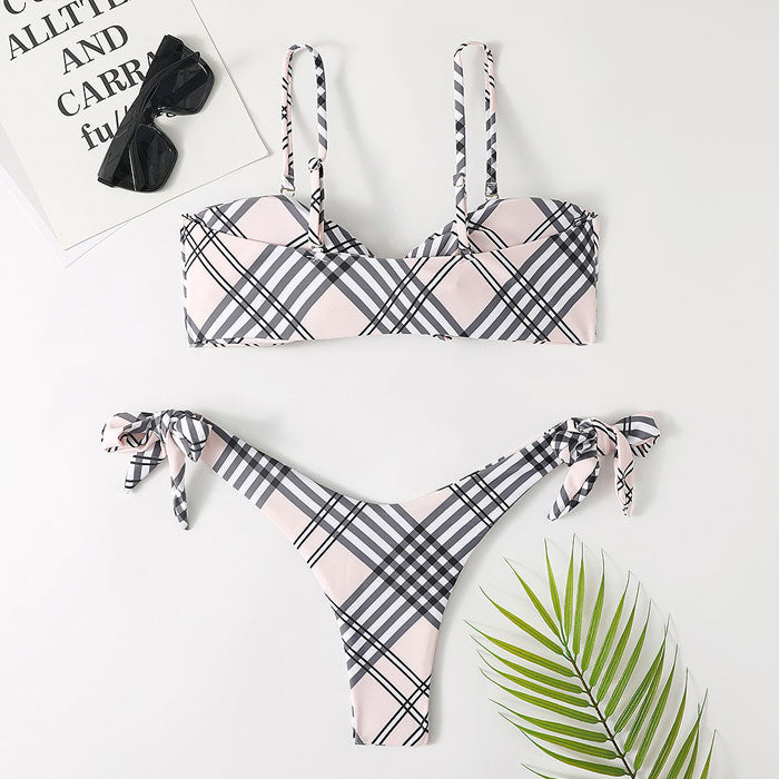 Cute Plaid Print Tie Front Bralette Brazilian Two Piece Bikini Swimsuit-yoyobikini