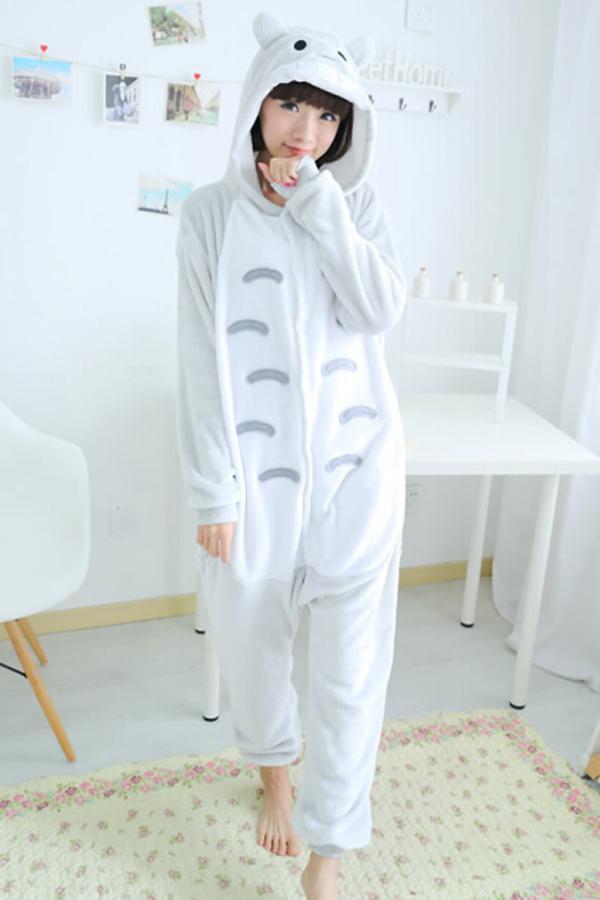 Gray Cute Pajamas Comfortable Flannel Totoro Jumpsuit Costume-yoyobikini