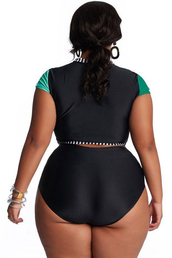 Plus Size High Waist Color Block Sleeved Crop Bikini Swimsuit - Two Piece Set-yoyobikini