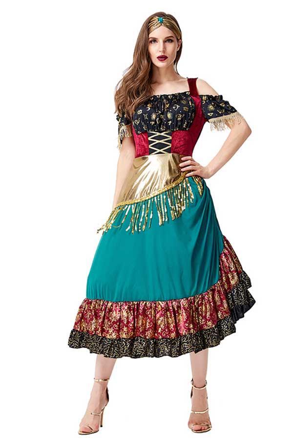 Flamenco Gypsy Costume Halloween Costume Green-yoyobikini