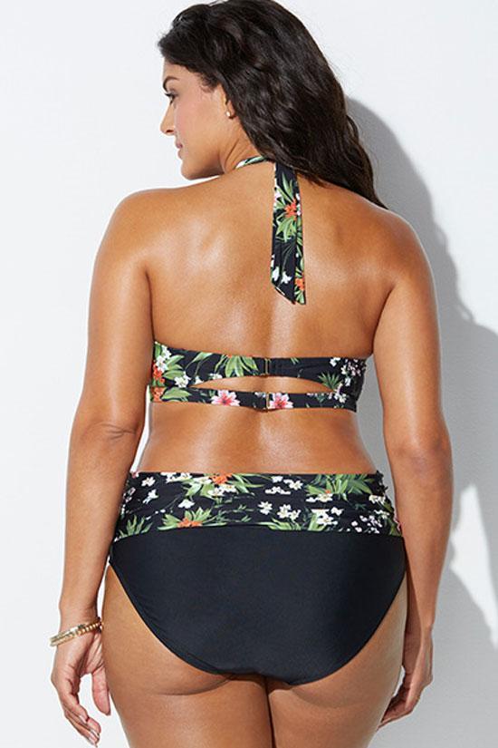 Plus Size Floral Printed Halter Bikini Swimsuit - Two Piece Set-yoyobikini