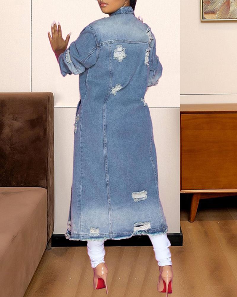 Ripped Button Up Flap Pocket Longline Denim Coat-yoyobikini
