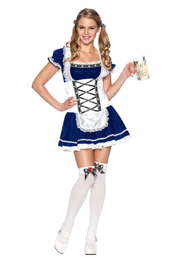 Womens Halloween Bavaria Oktoberfest Dirndl Beer Girl Costume Blue-yoyobikini