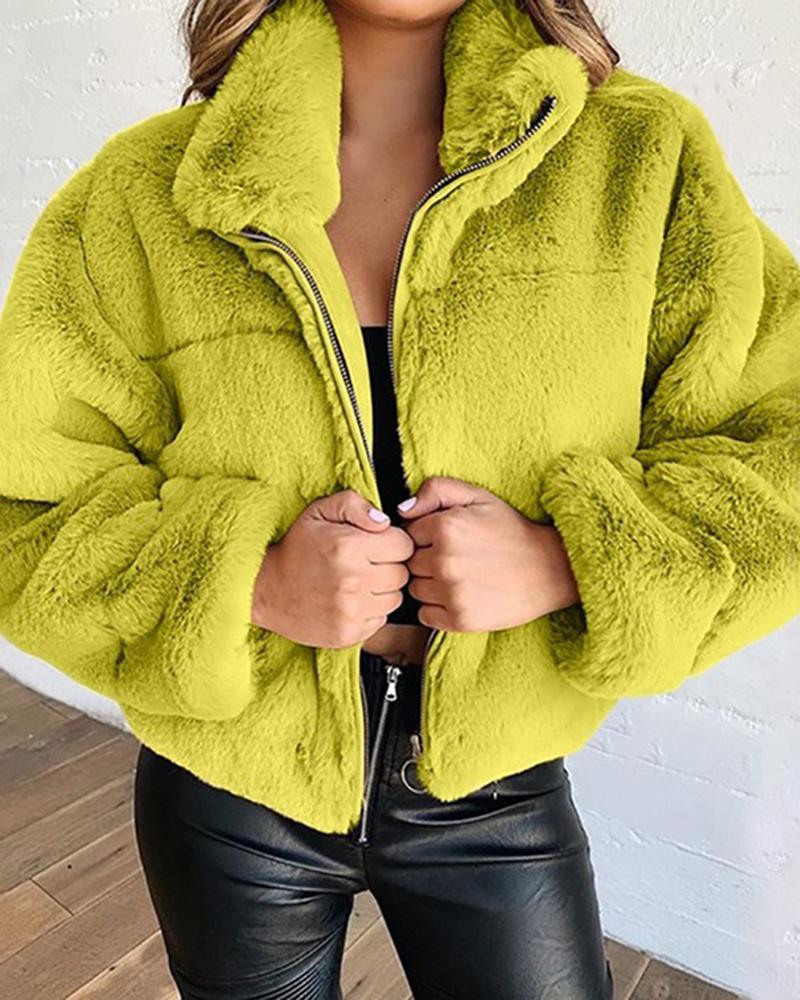 Solid Zip Up Collar Teddy Jacket-yoyobikini
