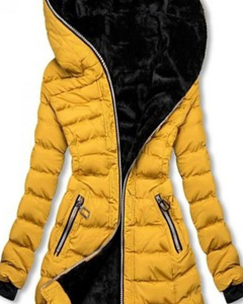 Solid Quilted Thermal Lined Zip Up Hooded Puffer Coat