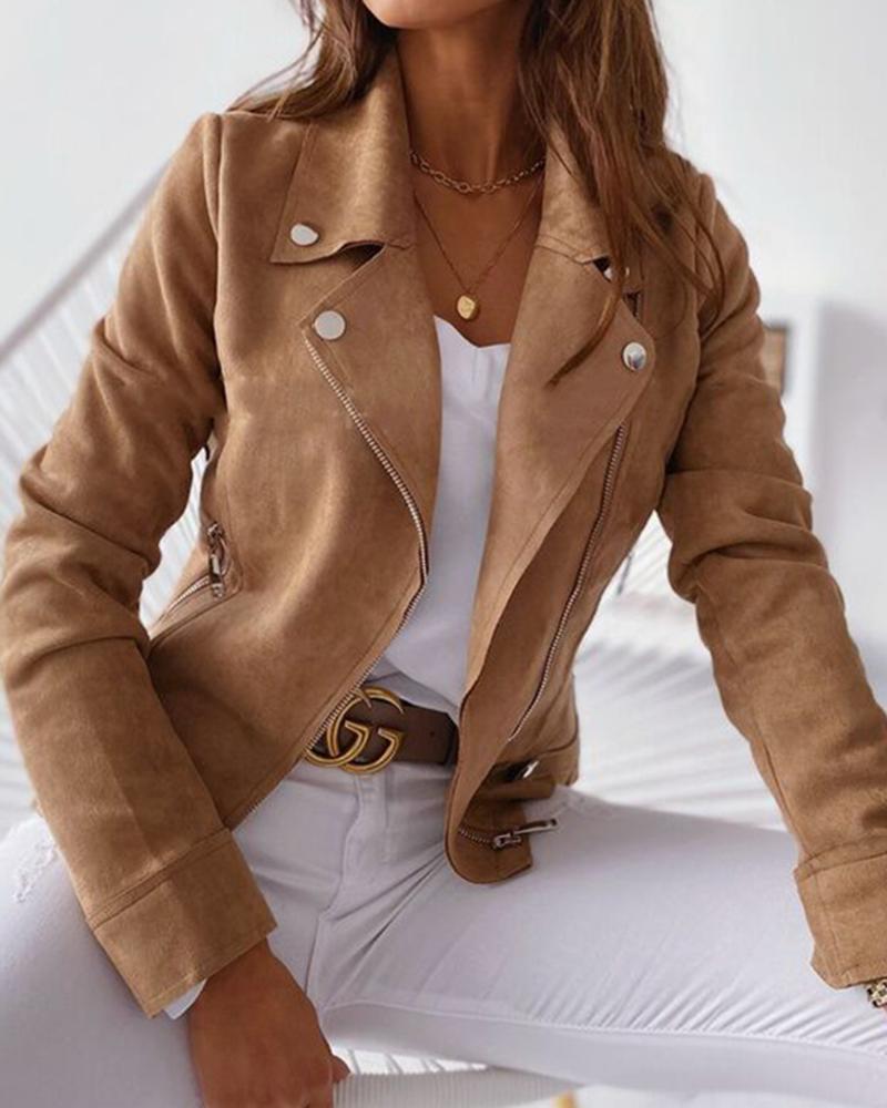Solid Zip Front Button Detail Slant Pocket Moto Jacket-yoyobikini