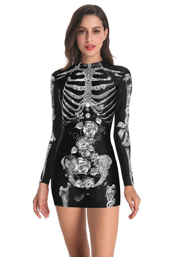 Rose Skeleton Print Halloween Costume Dress Gray