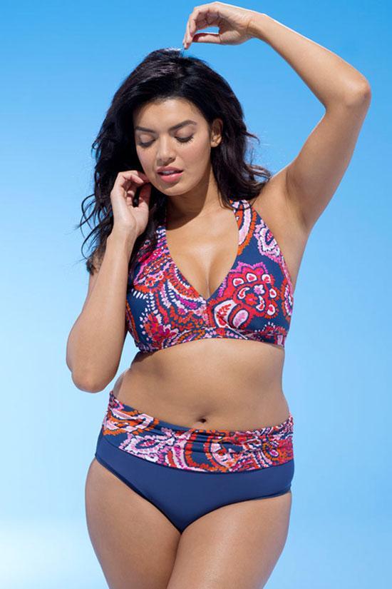 Plus Size Floral Printed High Waist Bikini Swimsuit - Two Piece Set-yoyobikini