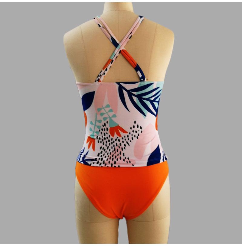 Abstract Floral Cross Back High Neck And Orange High Waisted Tankini Set-yoyobikini