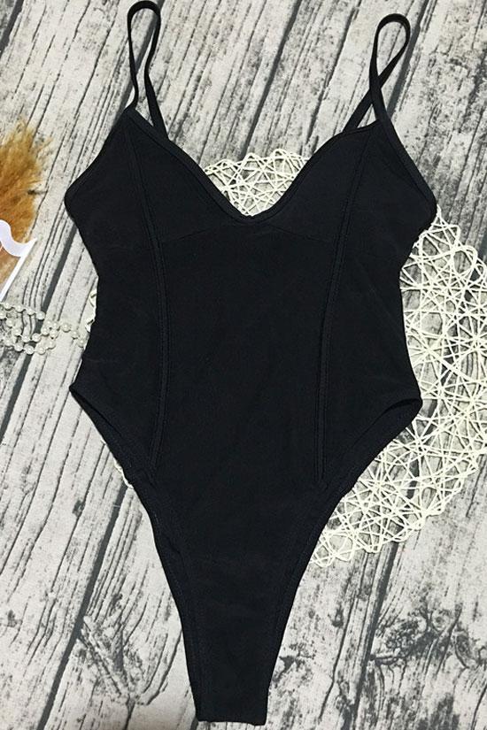 Mesh Low Back High Leg Thong V Neck One Piece Swimsuit-yoyobikini