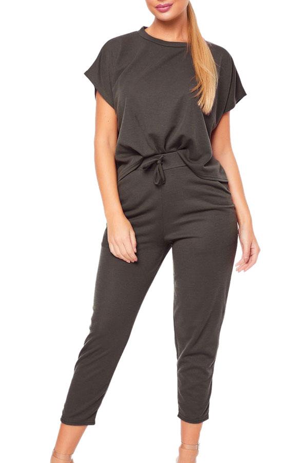 Solid Short Sleeve Tee Pocket Capri Sports Set-yoyobikini