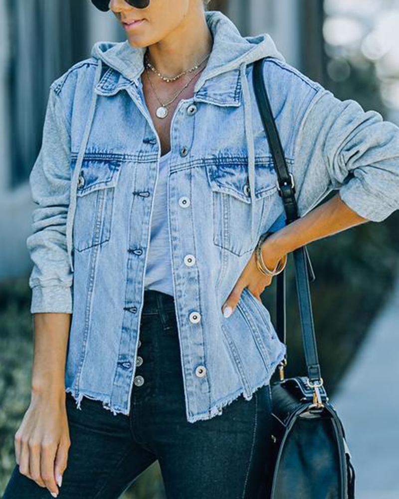 Raw Edge Drawstring Flap Pocket 2 In 1 Hooded Denim Jacket-yoyobikini