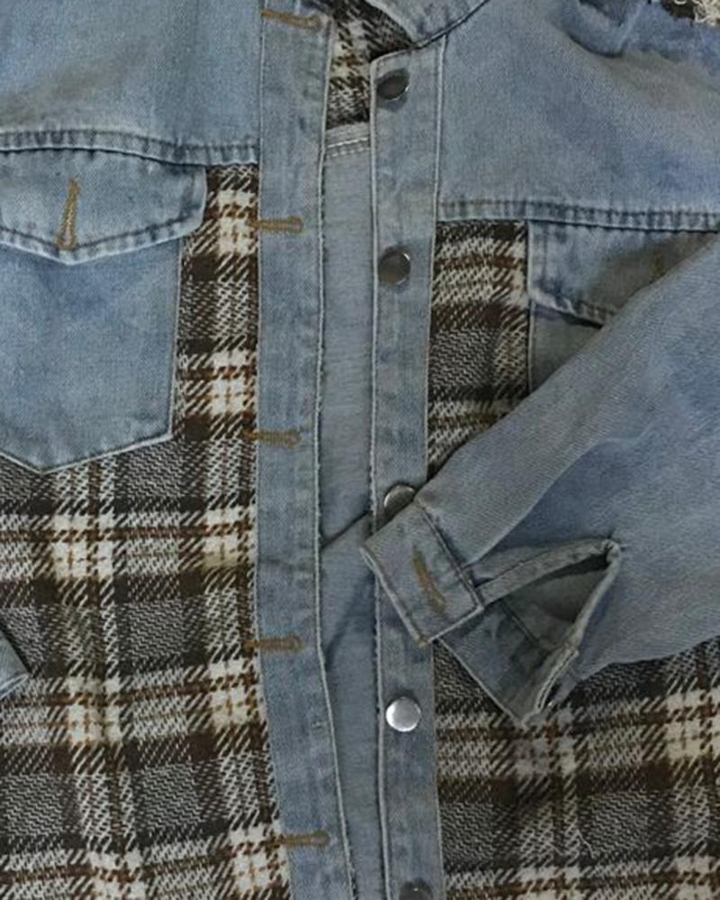 Plaid Spliced Raw Edge Button Up Denim Jacket-yoyobikini