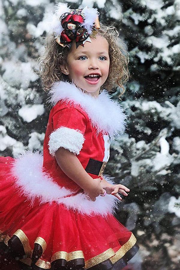 Short Sleeve Fur Trim Christmas Dress Kids Girls Santa Costume Red-yoyobikini