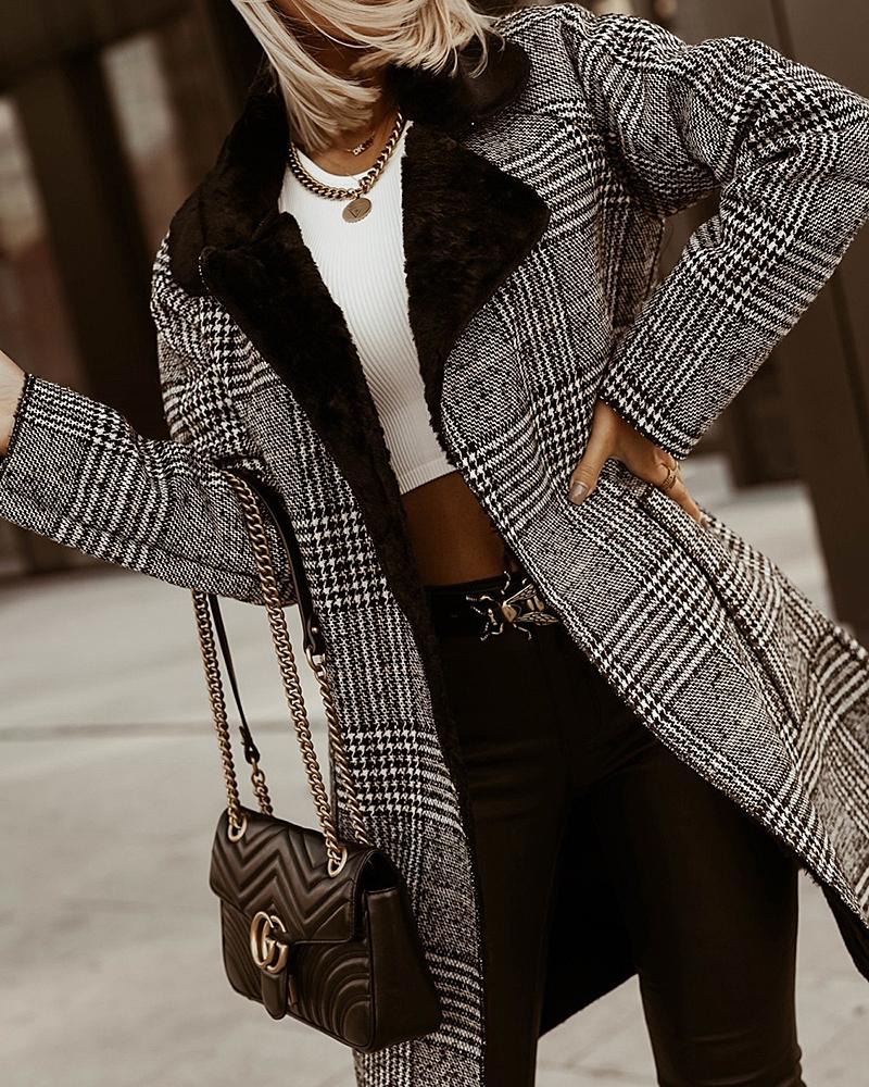 Plaid Sherpa Lined Open Front Dual Pocket Coat-yoyobikini