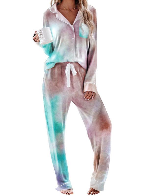 Tie Dye Long Sleeve Top Drawstring Pocket Pants Pajama Set-yoyobikini