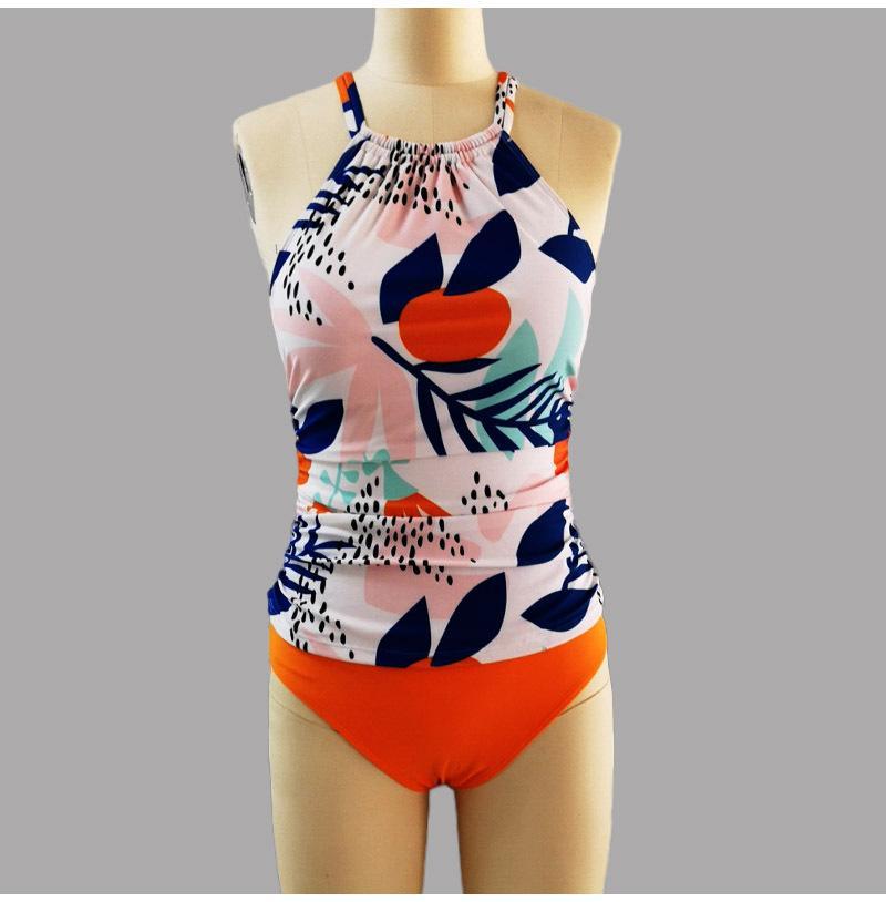 Abstract Floral Cross Back High Neck And Orange High Waisted Tankini Set-yoyobikini