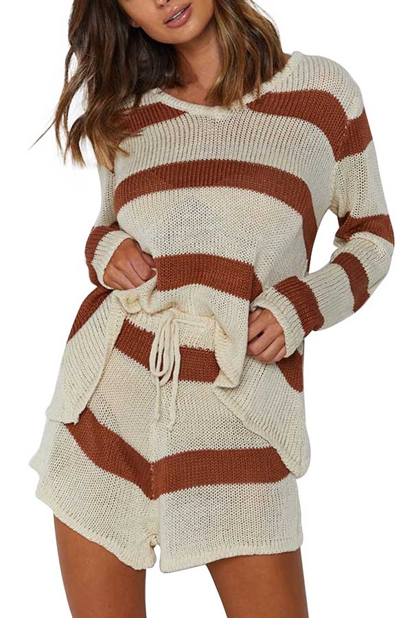 Striped Long Sleeve V Neck Top Drawstring Shorts Leisure Suit-yoyobikini