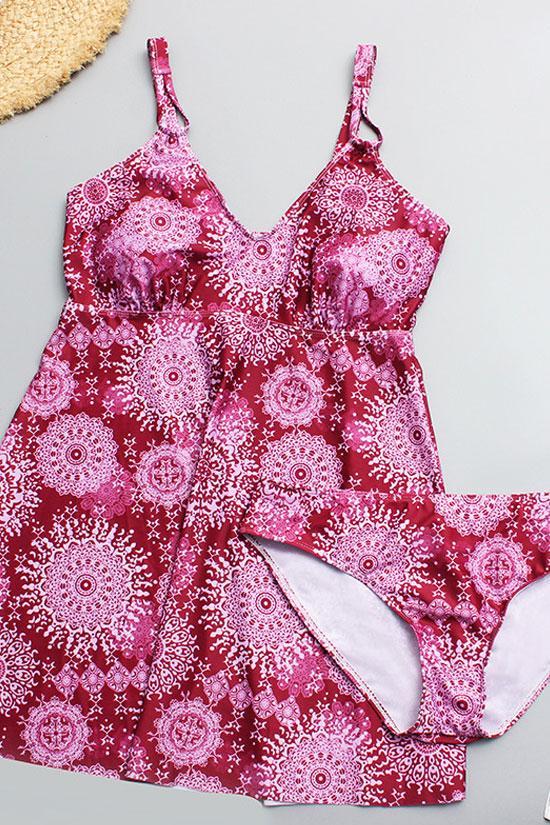 Plus Size Boho Floral V Neck Bikini Swimdress - Two Piece Set-yoyobikini