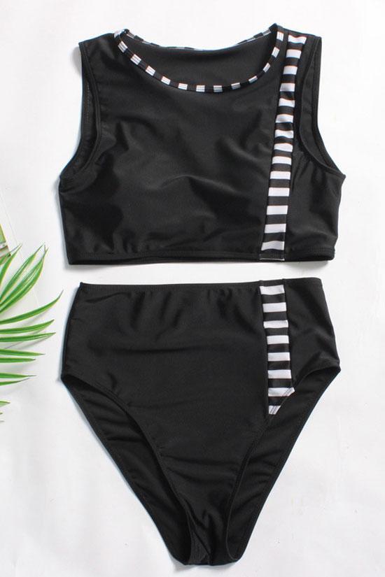 Plus Size Contrast Striped High Waisted Crop Bikini Swimsuit - Two Piece Set-yoyobikini