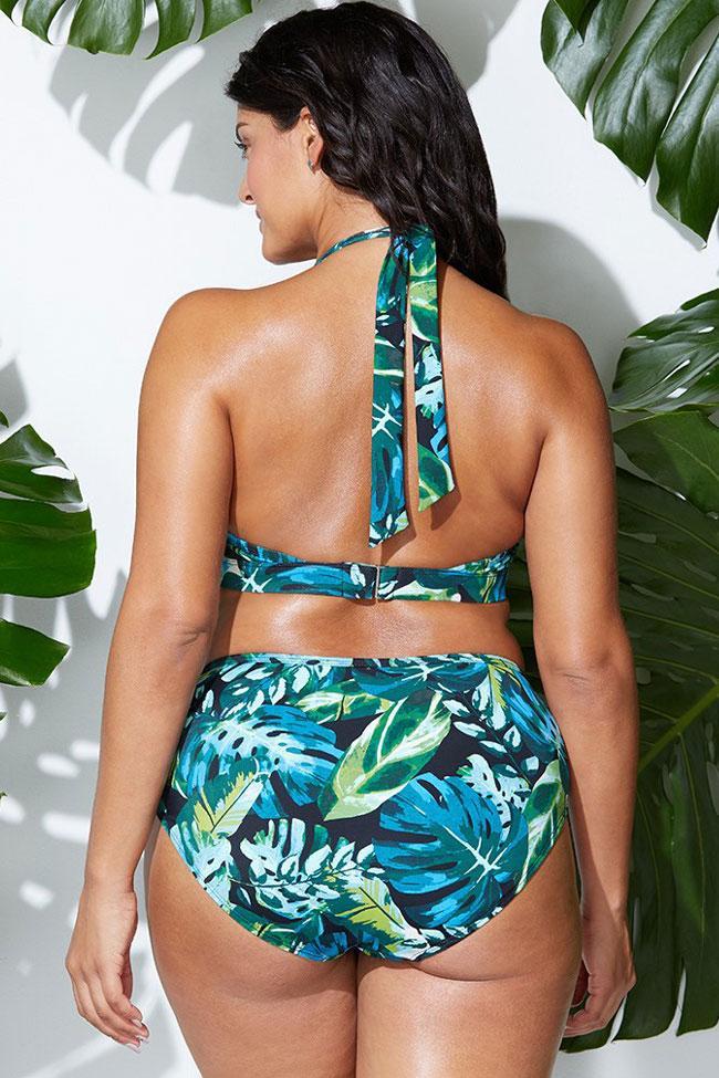 Plus Size Tropical Palm Leaf Splicing Mesh Halter Triangle Bikini Swimsuit - Two Piece Set-yoyobikini