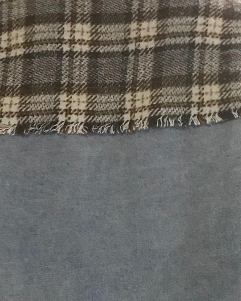 Plaid Spliced Raw Edge Button Up Denim Jacket-yoyobikini