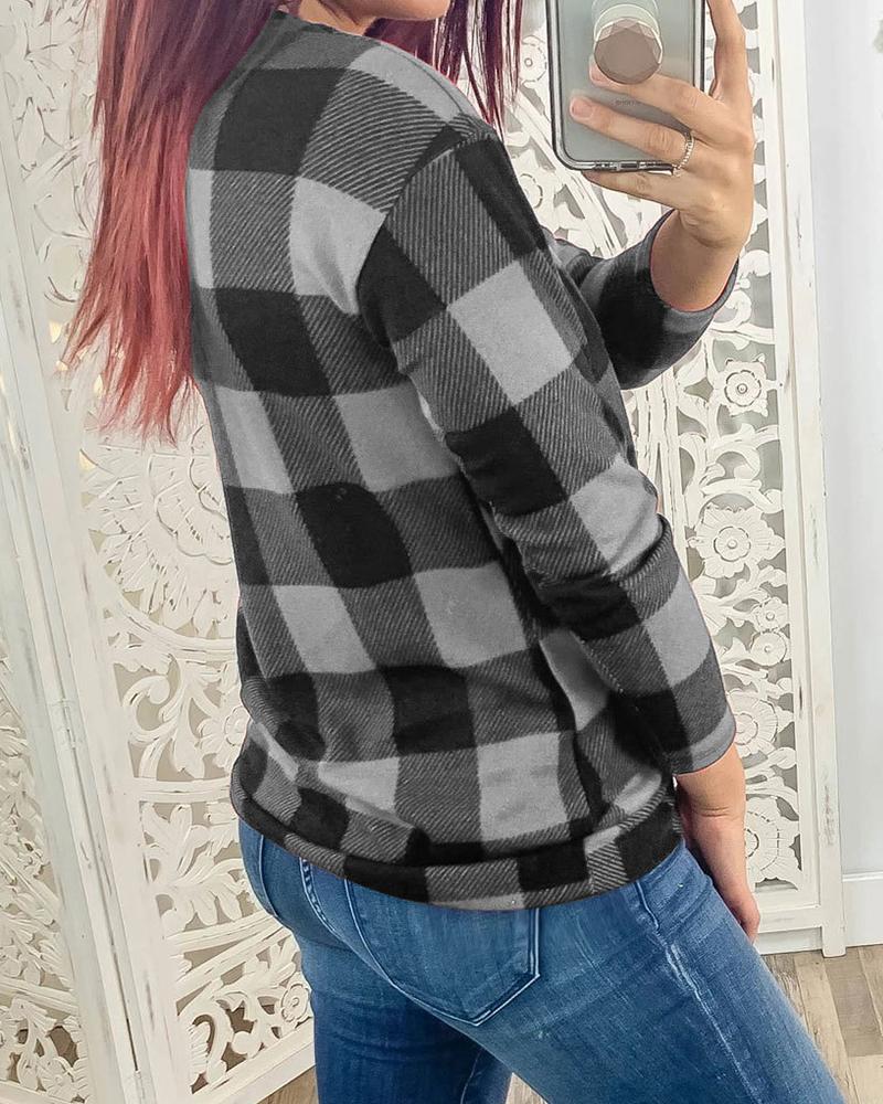 V Neck Long Sleeve Plaid Top-yoyobikini