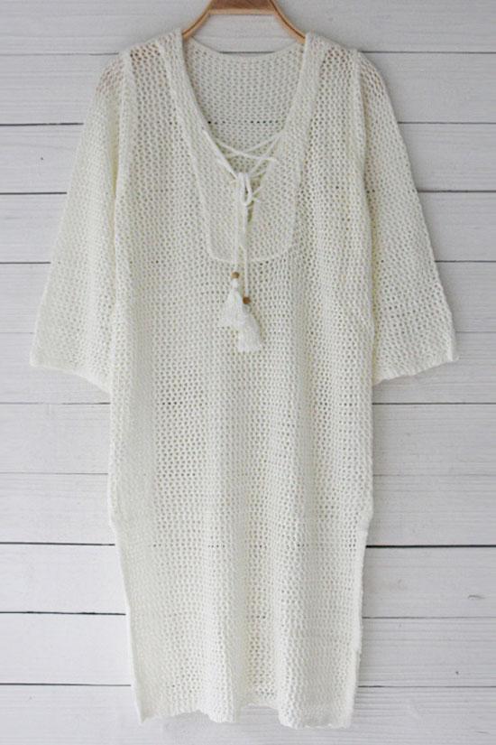 Breezy Lace Up Openwork Crochet Tunic Cover Up-yoyobikini