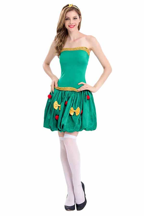 Womens Sexy Tube Dress Christmas Tree Santa Elf Costume Green-yoyobikini